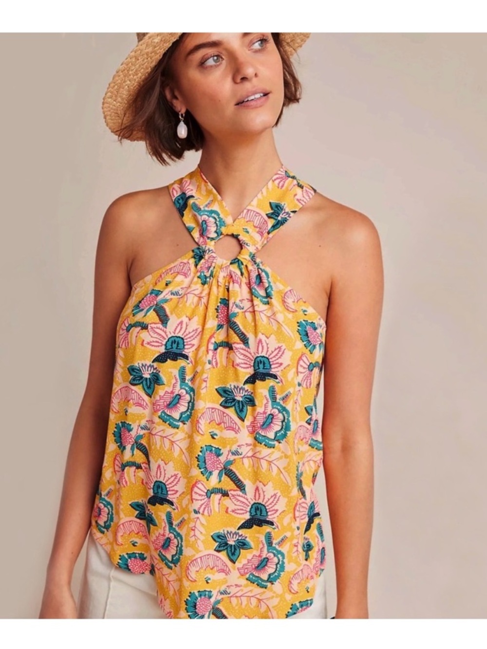 Maeve Mica 100% Viscose Yellow Floral Halter Ring Detail Sleeveless Blouse 6P